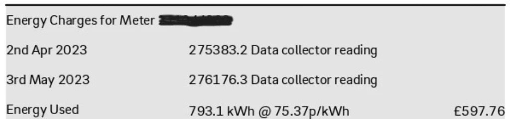 Conusmption charges section on a business energy bill